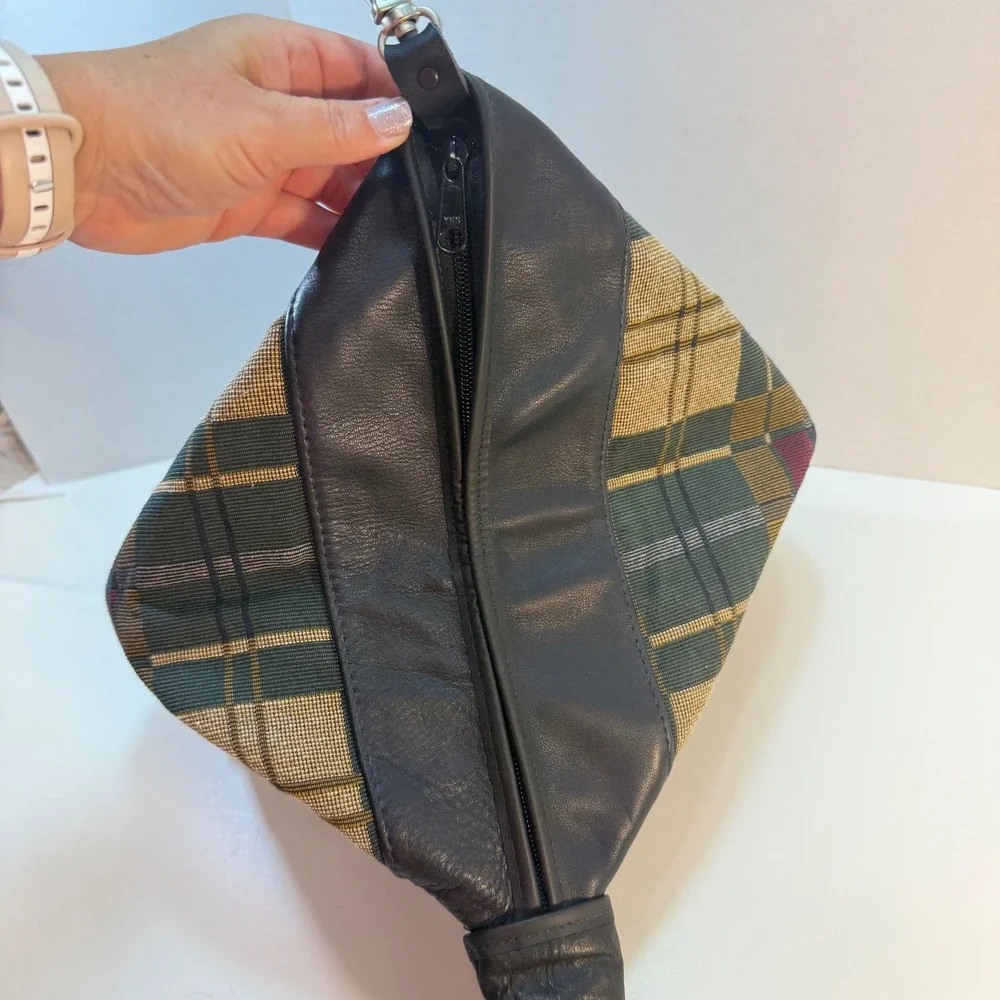 Sling Backpack Women Medium Green Plaid Tapestry Leather Trim Vintage Y2K